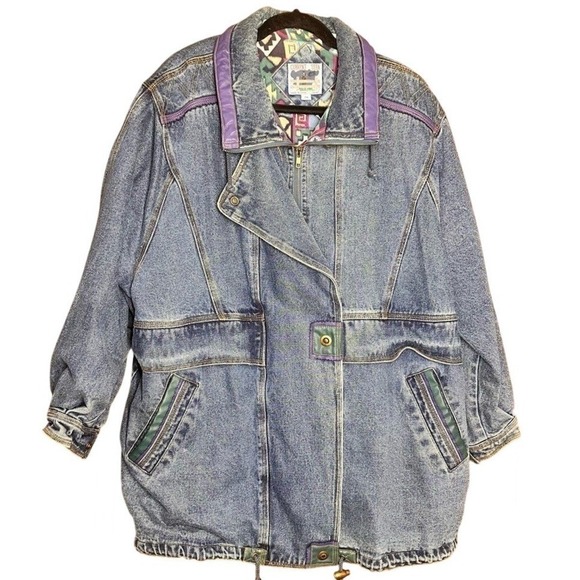Vintage 90 Western Aztec Lined Denim Coat Women 2X Heavyweight Barn Chore Jacket - Picture 2 of 16